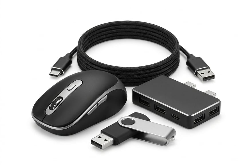Braided cables coiled into even loops with brushed metal connector heads facing forward.