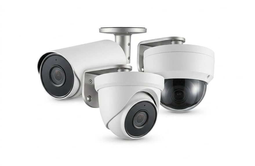 A bullet-style security camera on a brushed metal bracket, lens tilted toward the viewer.