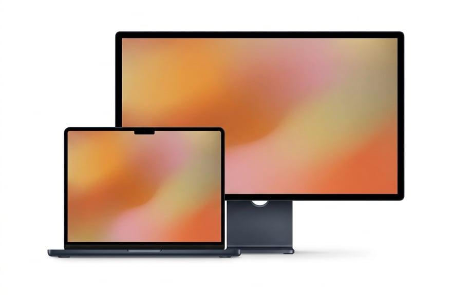 A silver business laptop and a slim desktop monitor, angled and lit against a warm backdrop.