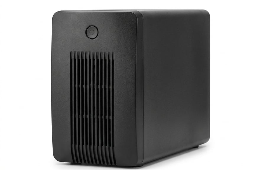 A compact UPS unit in dark graphite with a single teal status indicator glowing on the front panel.